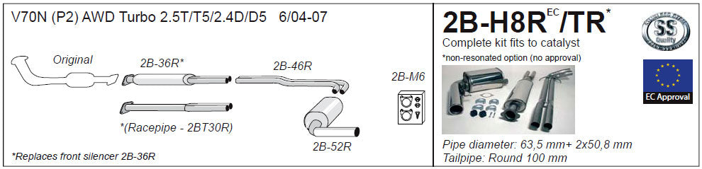 Jetex 2B-H8R / 2B-H8TR Cat Back Exhaust System for Volvo V70 AWD Turbo - 2