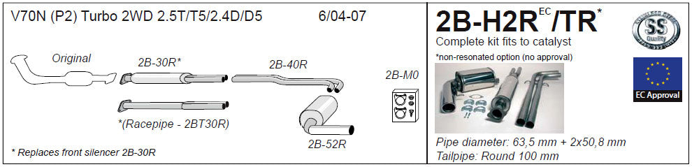 Jetex 2B-H2R / 2B-H2TR Cat Back Exhaust System for Volvo V70 2WD Turbo - 2